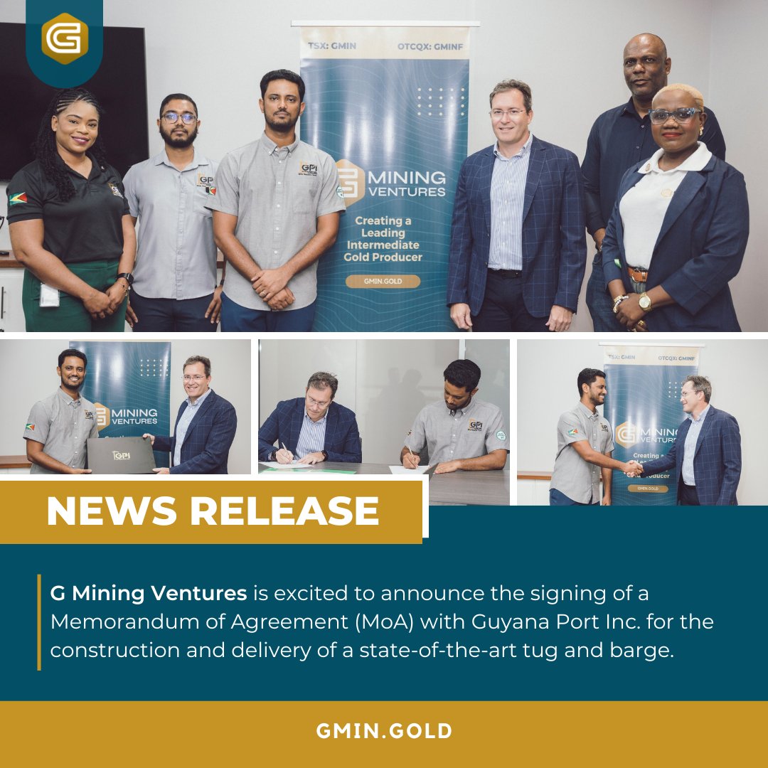 G Mining Ventures is excited to announce the signing of a Memorandum of Agreement (MoA) with Guyana Port Inc. for the construction and delivery of a state-of-the-art tug and barge. 

#Guyana #gminingventures #mining #naturalresourceinvesting #gmin #gminf $gmif $gmin.to