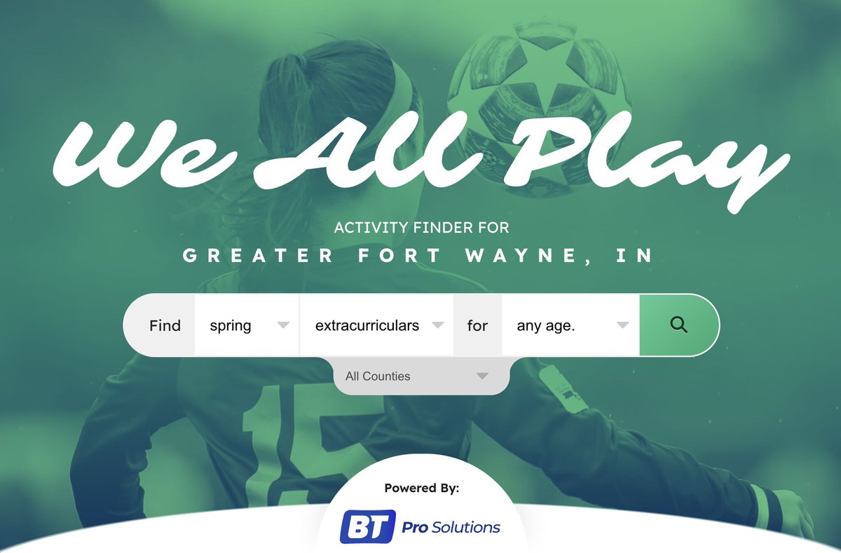 weallplayfw's tweet photo. Introducing We All Play powered by
@BTProSolutions! ⚽️ Easily discover local sports, clubs, &amp; activities in Fort Wayne! 🏀🏈⚾️ Visit us at https://t.co/tWQOof1zny to explore &amp; connect with your community! 🦾  #WeAllPlay #FortWayneActivities #CommunityMatters https://t.co/od02Ir42Lg