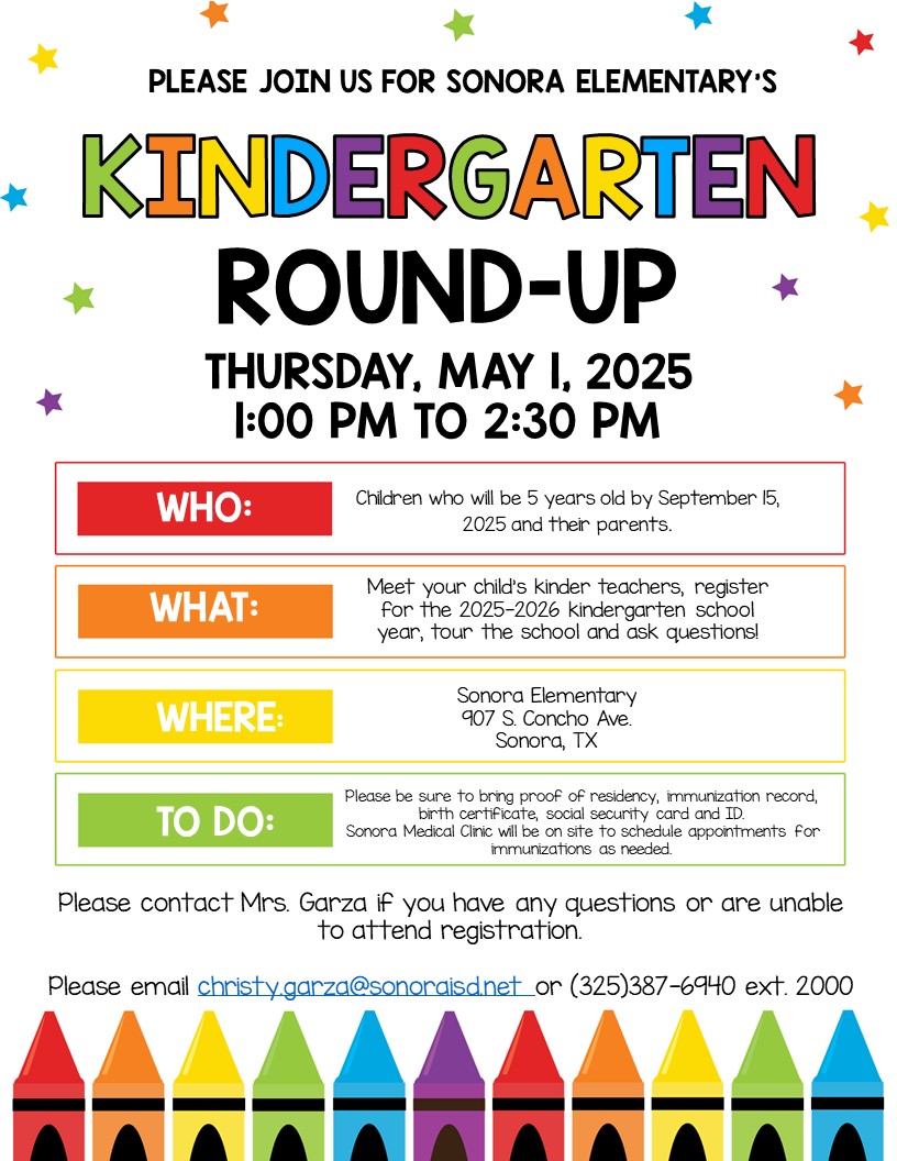 Join us for our annual Pre-Kinder/Kindergarten Round-Up.  This will be a one day event.  Applications for Pre-Kinder will not be accepted without all necessary documents  required for registration.  If you are unable to attend registration,  please call the elementary office.