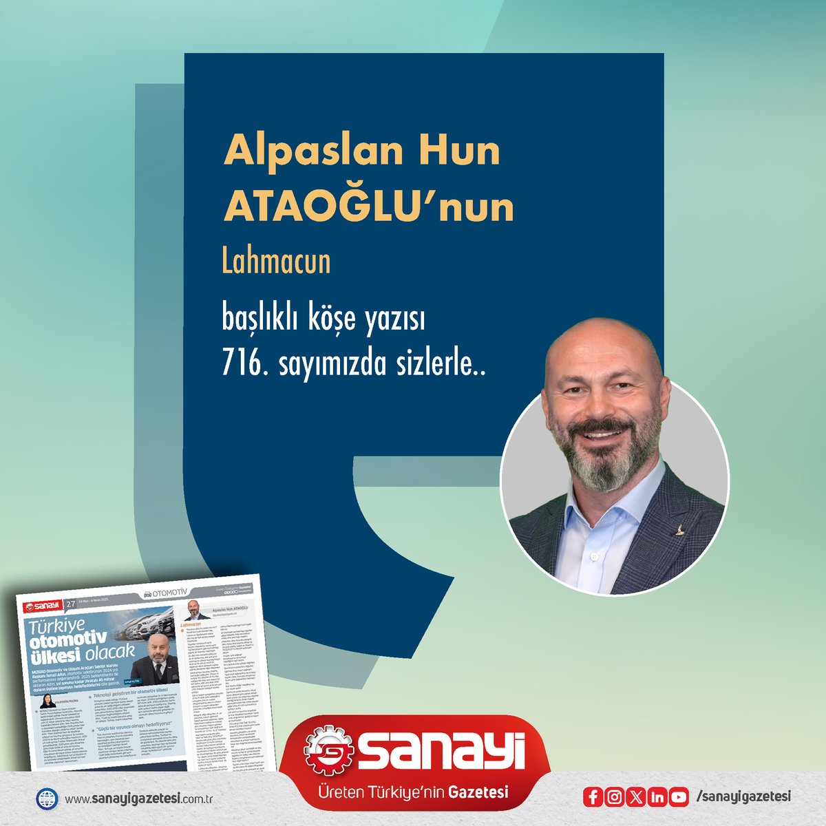 sanayigazetesi's tweet image. Alpaslan Hun Ataoğlu'nun 'Lahmacun' başlıklı köşe yazısı 716. sayımızda sizlerle..
Keyifli okumalar dileriz

Yazıyı okumak için;
drive.google.com/file/d/1g3a85h…