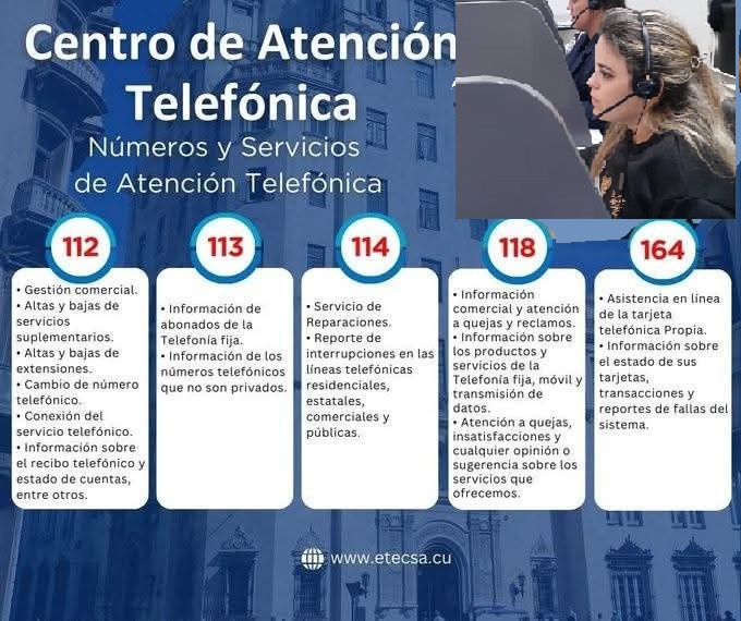 #EtecsaConCuba #ETECSA_Cuba
<a href="/dianapando24/">Diana 💐</a> <a href="/yuditacosta576/">Yudit Acosta ❤🇨🇺</a>
A través de los números de nuestros Centros de Atención Telefónica, puedes recibir asistencia y realizar trámites sin necesidad de visitar una Unidad Comercial.  ¡Infórmate sobre la utilidad de cada servicio que ofrecemos!