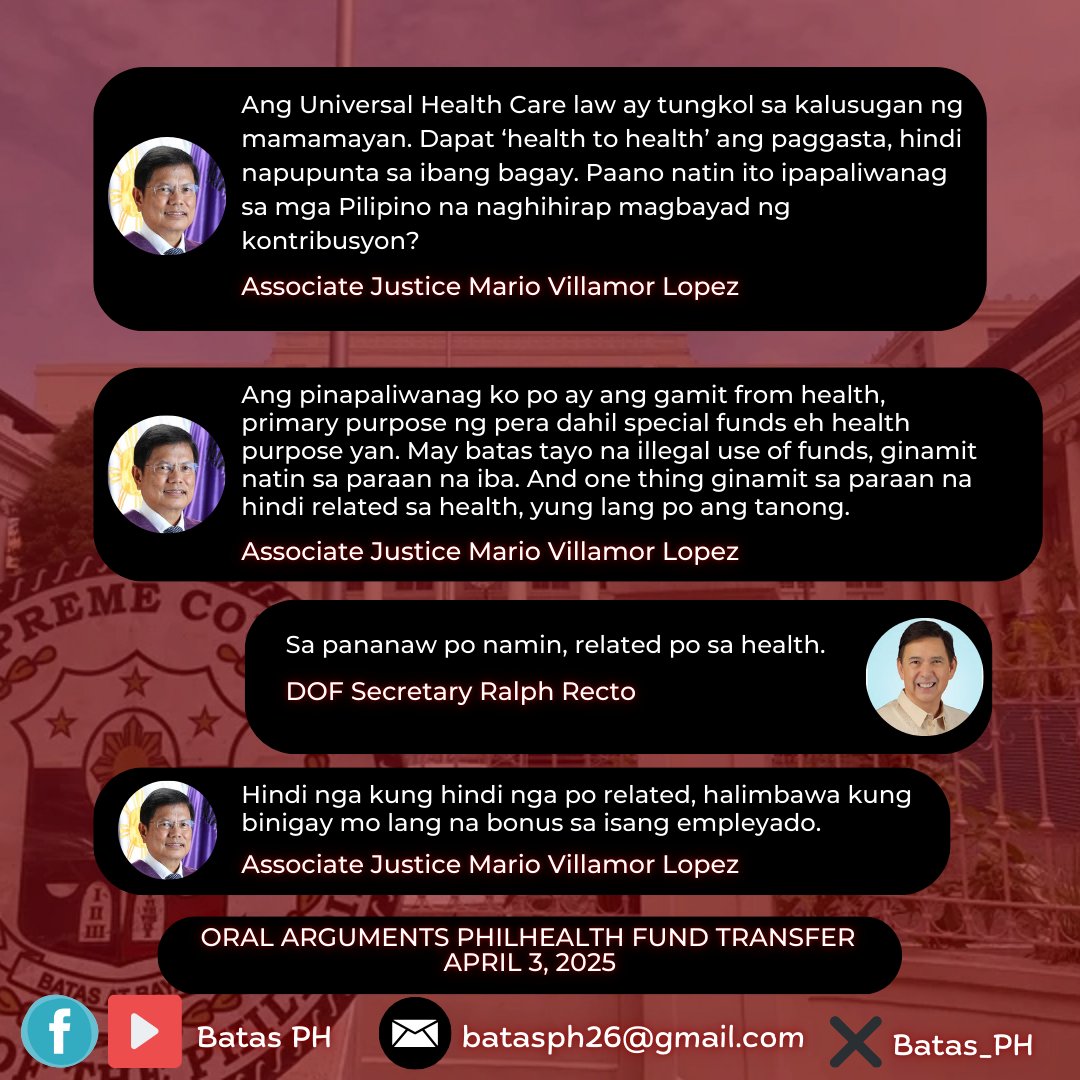 Batas_Ph's tweet image. LOOK:  Associate Justice Mario Lopez grilled DOF Sec. Ralph Recto on the questionable use of PhilHealth funds for government infrastructure projects.

Secretary Recto responded by saying that the PhilHealth funds were spent on infrastructure projects, such as roads and bridges.