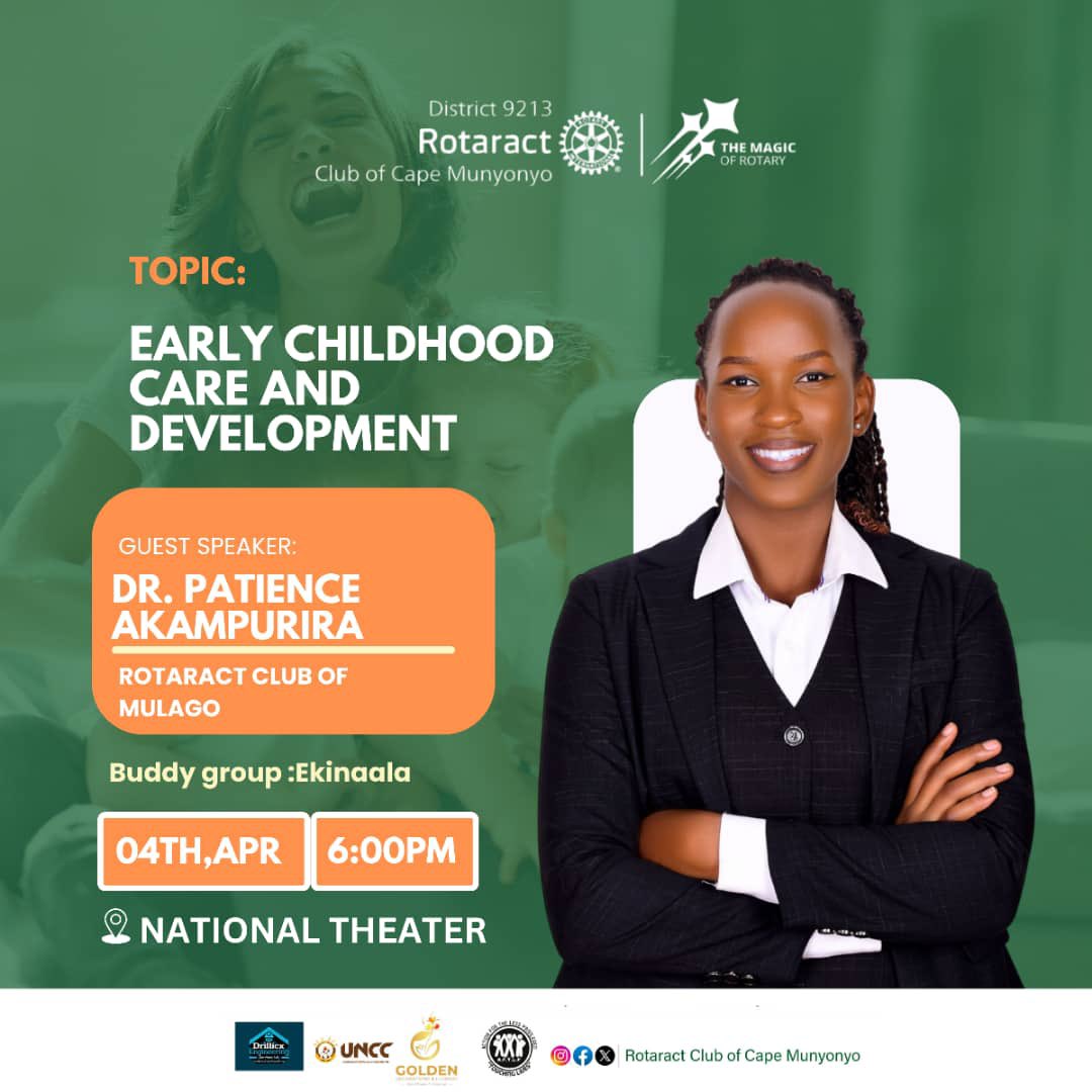 Rotaract Club of Cape Munyonyo (@theanchors1) on Twitter photo Greetings partners in Service and friends of Rotary✨🔅
Join us for our weekly meeting this Friday, 4th April 2024 as we host Dr Patience Akampurira from <a href="/rctMulago/">Rotaract Club of Mulago, The Mpiso!</a> as she shares about Early childhood care and Development.
Venue: National Theatre
Time: 6:00pm
#magicofrotary Greetings partners in Service and friends of Rotary✨🔅
Join us for our weekly meeting this Friday, 4th April 2024 as we host Dr Patience Akampurira from <a href="/rctMulago/">Rotaract Club of Mulago, The Mpiso!</a> as she shares about Early childhood care and Development.
Venue: National Theatre
Time: 6:00pm
#magicofrotary