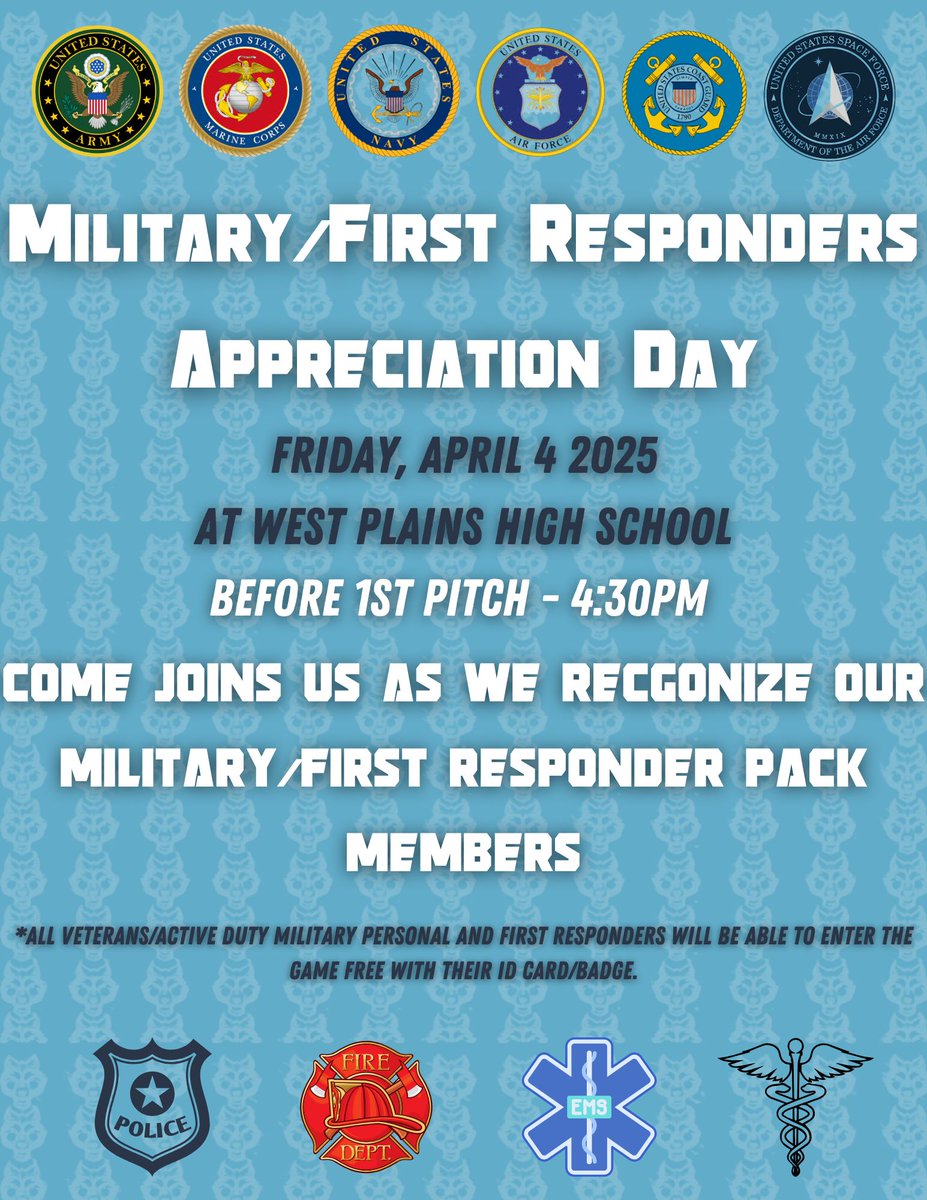 Don't forget, TOMORROW is our MILITARY/FIRST RESPONDER appreciation game. Come out and help us recognize our HEROS!!! 
<a href="/WPlainsWolves/">West Plains High School</a> <a href="/WPHSbooster/">West Plains Athletic Booster</a> <a href="/CanyonAthDept/">CanyonISDAthletics</a> <a href="/PressPassSports/">Press Pass Sports</a>
