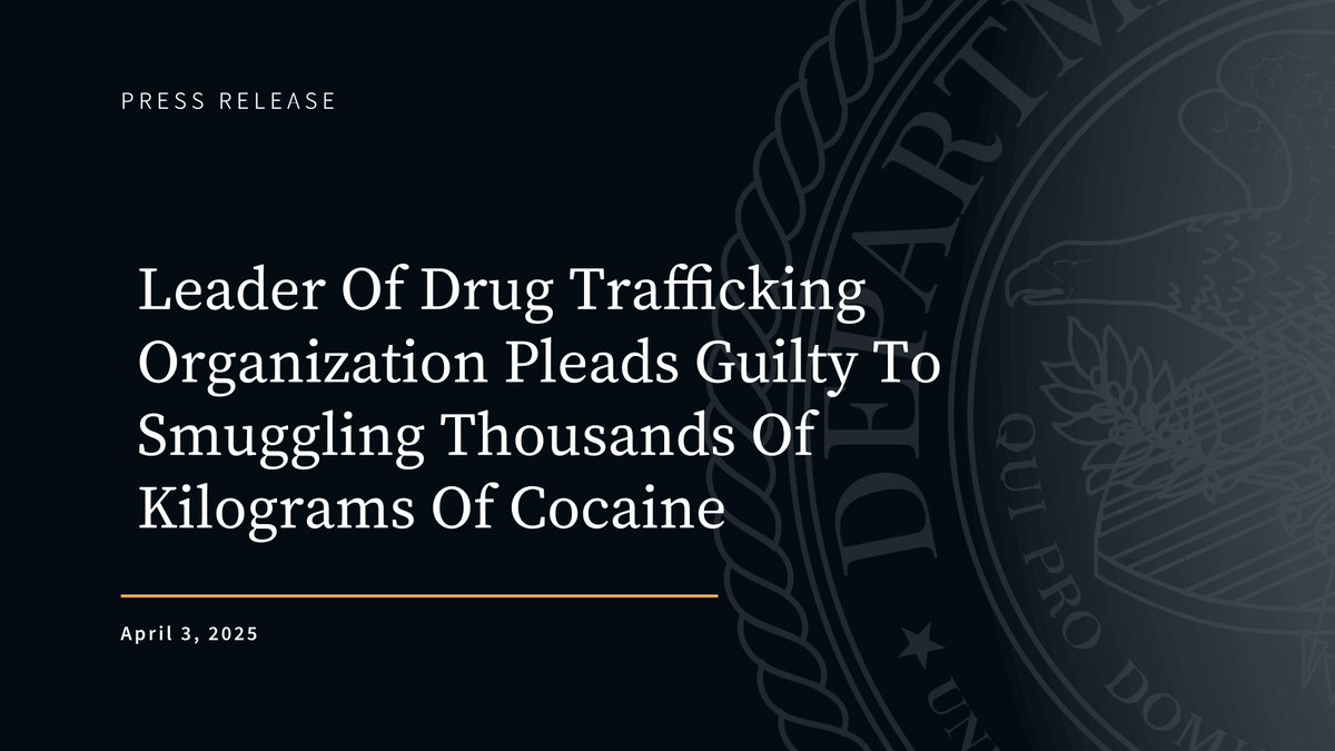 USAO_MDFL's tweet photo. Leader of drug trafficking organization pleads guilty to smuggling thousands of kilos of cocaine. #OCDETF @USDOJ_Intl
https://t.co/j9TMGz1vA7 https://t.co/CpSEIhgyrH