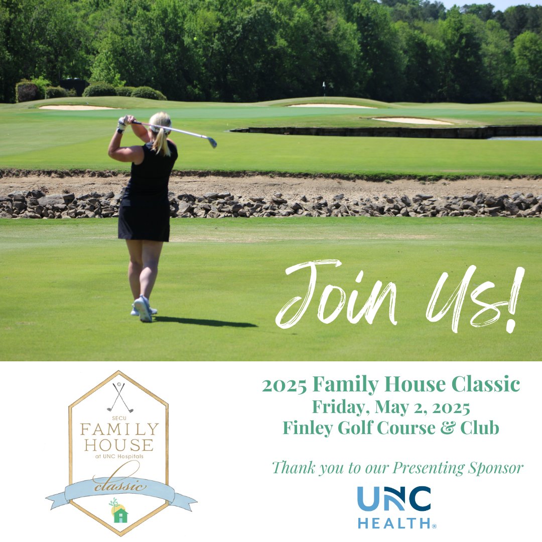 Calling all golf enthusiasts and community supporters! You can swing into action for UNC Hospital patients and their families at the SECU Family House Golf Classic on May 2 at Finley Golf Club. secufamilyhouse.org/familyhousecla… #SponsorshipOpportunities  #Golf
