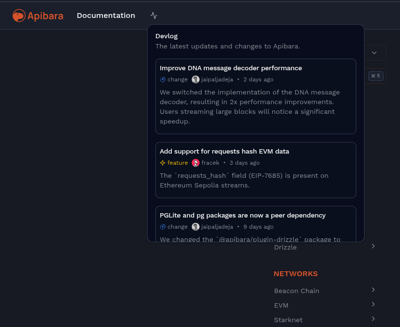 Francesco β oss/acc (@ceccon_me) on Twitter photo For the past two weeks we've been averaging one Typescript SDK release per day, getting ready to launch v2!
But I also understand it's hard to keep up, so we added a devlog to the documentation where you can see changes as they go live!
As you're updating your <a href="/Starknet/">Starknet πΊπ±</a> indexer For the past two weeks we've been averaging one Typescript SDK release per day, getting ready to launch v2!
But I also understand it's hard to keep up, so we added a devlog to the documentation where you can see changes as they go live!
As you're updating your <a href="/Starknet/">Starknet πΊπ±</a> indexer