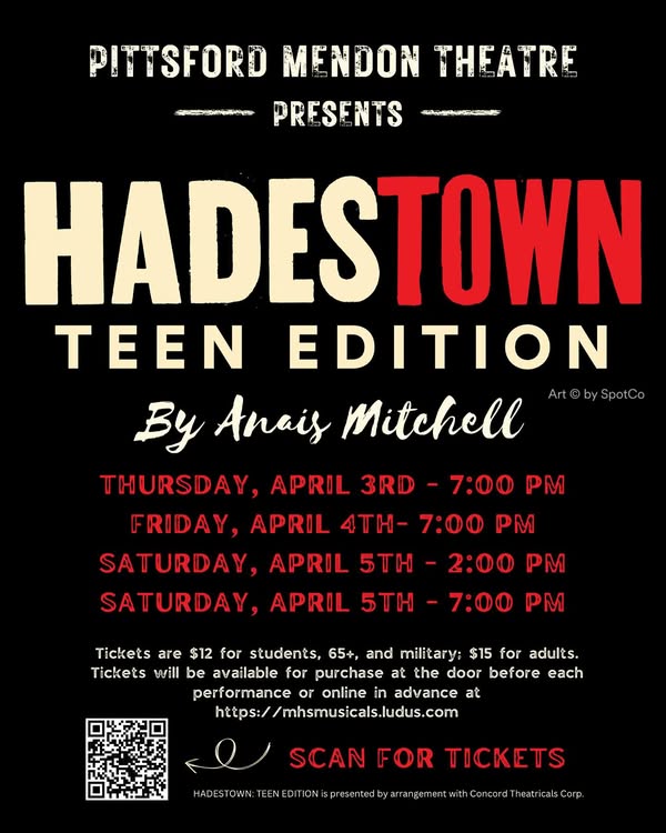 Curtains up for Hadestown Teen Edition TONIGHT at Pittsford Mendon High School! Scan QR code below for tix. <a href="/PCSDSchools/">Pittsford Schools</a>