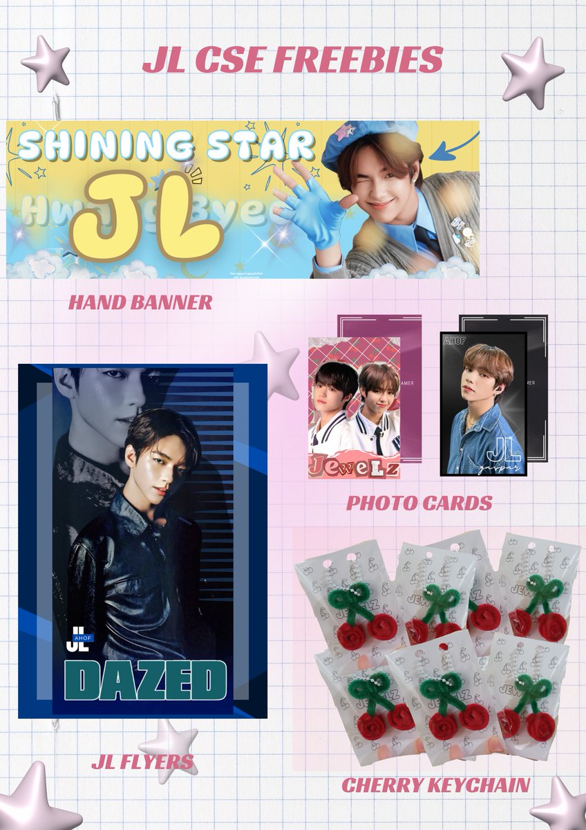 In celebration of JL's birthday, here are the freebies we will be giving away to attendees of CSE on April 26.🌟

🔸JL hand banners
🔸JL and Jewelz photocards
🔸JL flyers
🔸Jewelz cherry keychains

📌 Limited quantity (50pcs) so pls feel free to approach us. 

See you there !