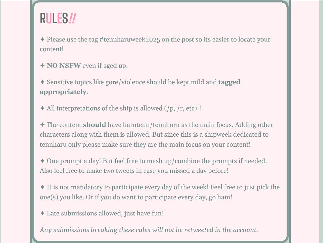 TennHaruWeek's tweet image. Hello! The Rules and Prompts of the week are finally here!! The week will be conducted from the 6th of september to the 12th of september!
Check our carrd here for more details! tennharuweek.carrd.co
++