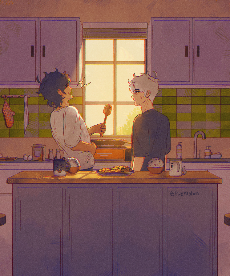 Art of Cheng Xiaoshi and Lu Guang. They are cooking something in the kitchen using a portable stove, in front of the window, where sunlight shines through. Their backs are to the viewer. Cheng Xiaoshi is laughing, head thrown back and a hand clutching his stomach, while Lu Guang is looking at him. Behind them is the kitchen island where there’s a plate of scrambled eggs, two bowls of rice, and two mugs with a cat and dog design. The overall art has warm tones.