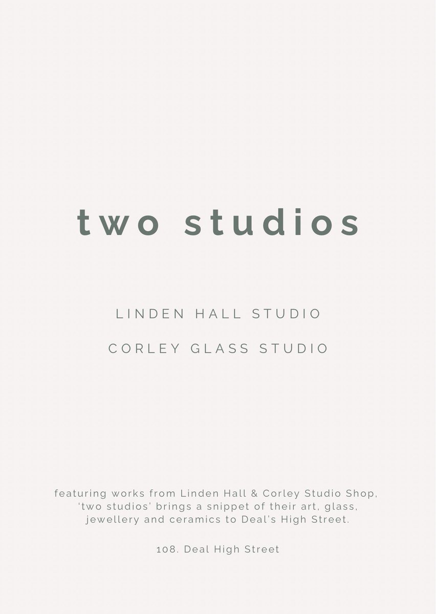 two studios

LINDEN HALL STUDIO
CORLEY GLASS STUDIO

This new space features works from Linden Hall Studio &amp; Corley Studio Shop, soft launching this Saturday April 5th.

‘two studios’ brings a snippet of their art, glass, jewellery and ceramics to Deal’s High Street.

108 High St