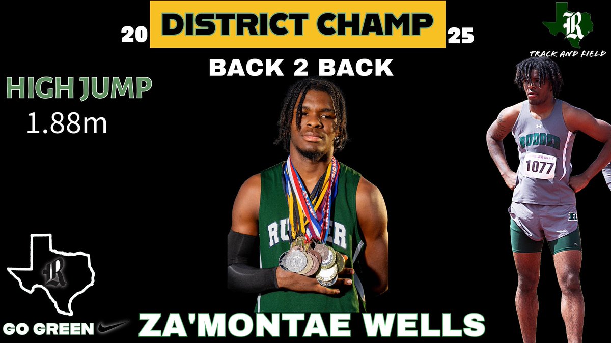 BACK 2 BACK‼️ DISTRICT CHAMP 👑 

For the 4th year in a row the High jump crown goes to a Rudder Ranger as Za’montae Wells completes the 4 peat! Next up: Area✔️

GO GREEN🟢