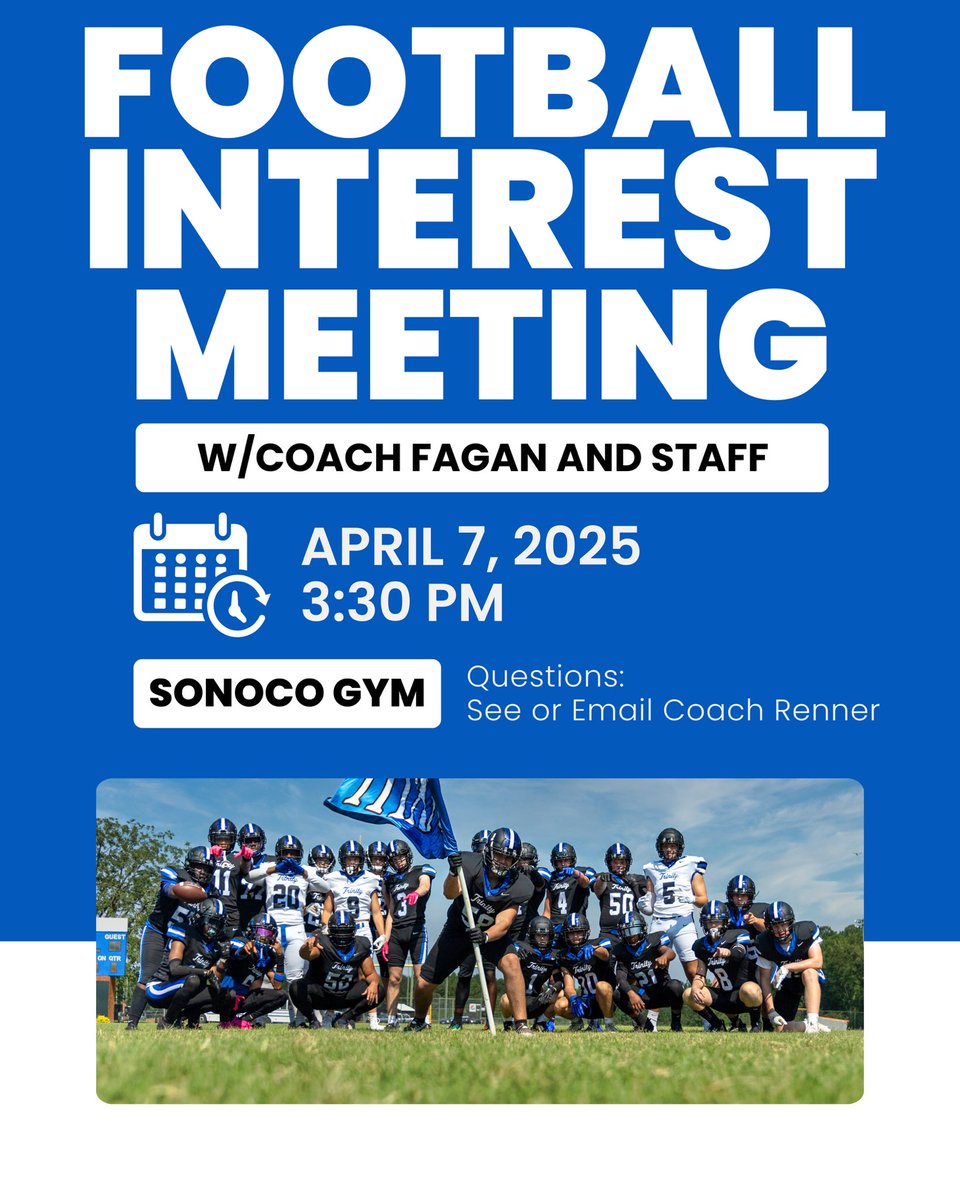 TCS_football's tweet image. There will be a football interest meeting next Monday at 3:30 PM with Coach Fagan and his staff. All students interested in playing football please make plans to attend!