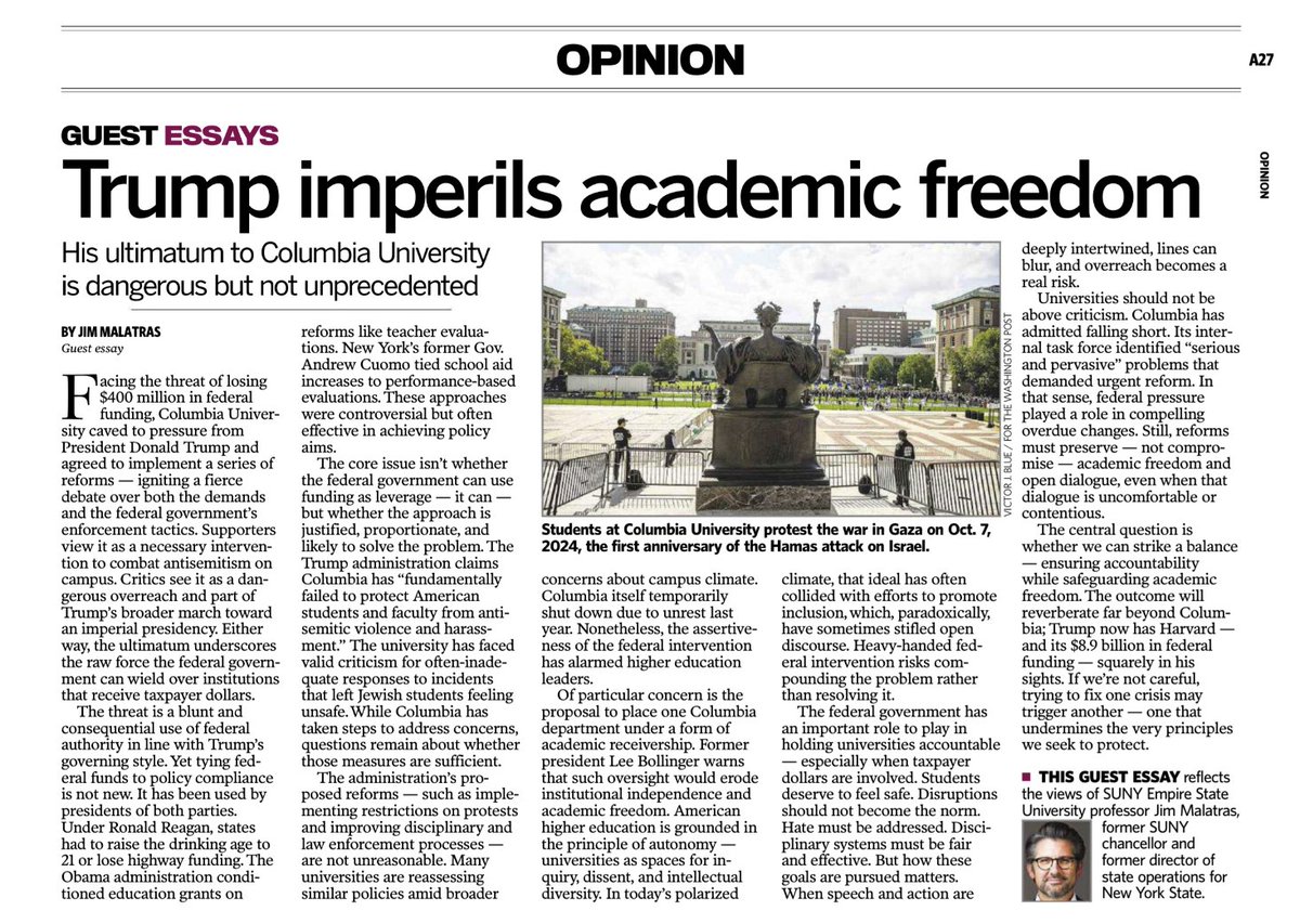 jimmalatras's tweet image. Here's the Newsday print version exploring how Columbia admitted falling short (an internal task force identified "serious & pervasive" problems) that demanded reform. In that sense, federal pressure played a role in compelling changes, but at what cost?
bit.ly/4jg9umD