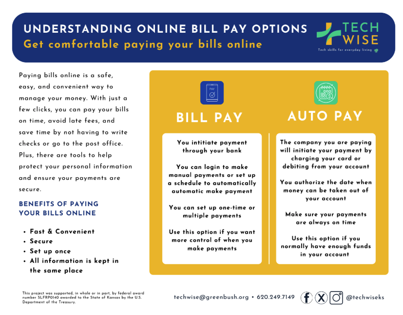 TechWiseKS's tweet image. Paying bills online can save time and money—but do you know whether bill pay or auto pay is the better choice for you? This quick guide breaks it down so you can stay on top of your payments with confidence.