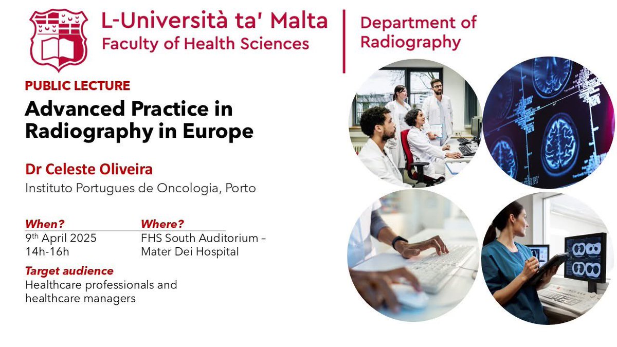 👋ATTN #radiographers #radiographystudents #healthcareprofessionals 👋
👉Public Lecture about #AdvancedPractice in #Radiography by Dr Celeste Olivera from Instituto Português de Oncologia - Porto, Portugal who is visiting #UMradiography next week. CU there