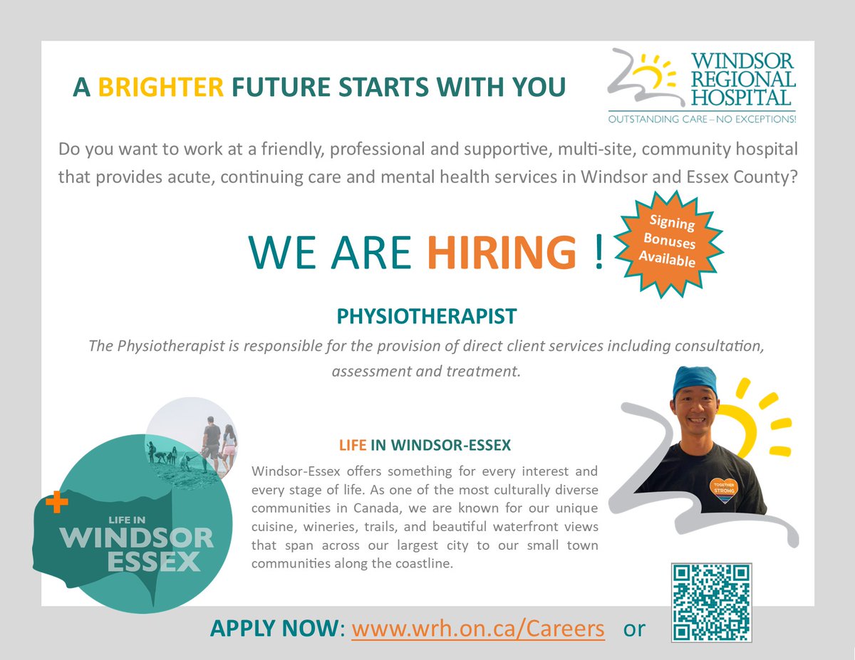 WRHospital's tweet photo. Join the Windsor Regional Hospital Team TODAY!

At WRH, we are driven by a passionate commitment to excellence. We are searching for individuals who share in our commitment of care delivery in our wonderful community.

For current opportunities visit: https://t.co/nLYIQRJ0nb https://t.co/3Kb24XWlB8