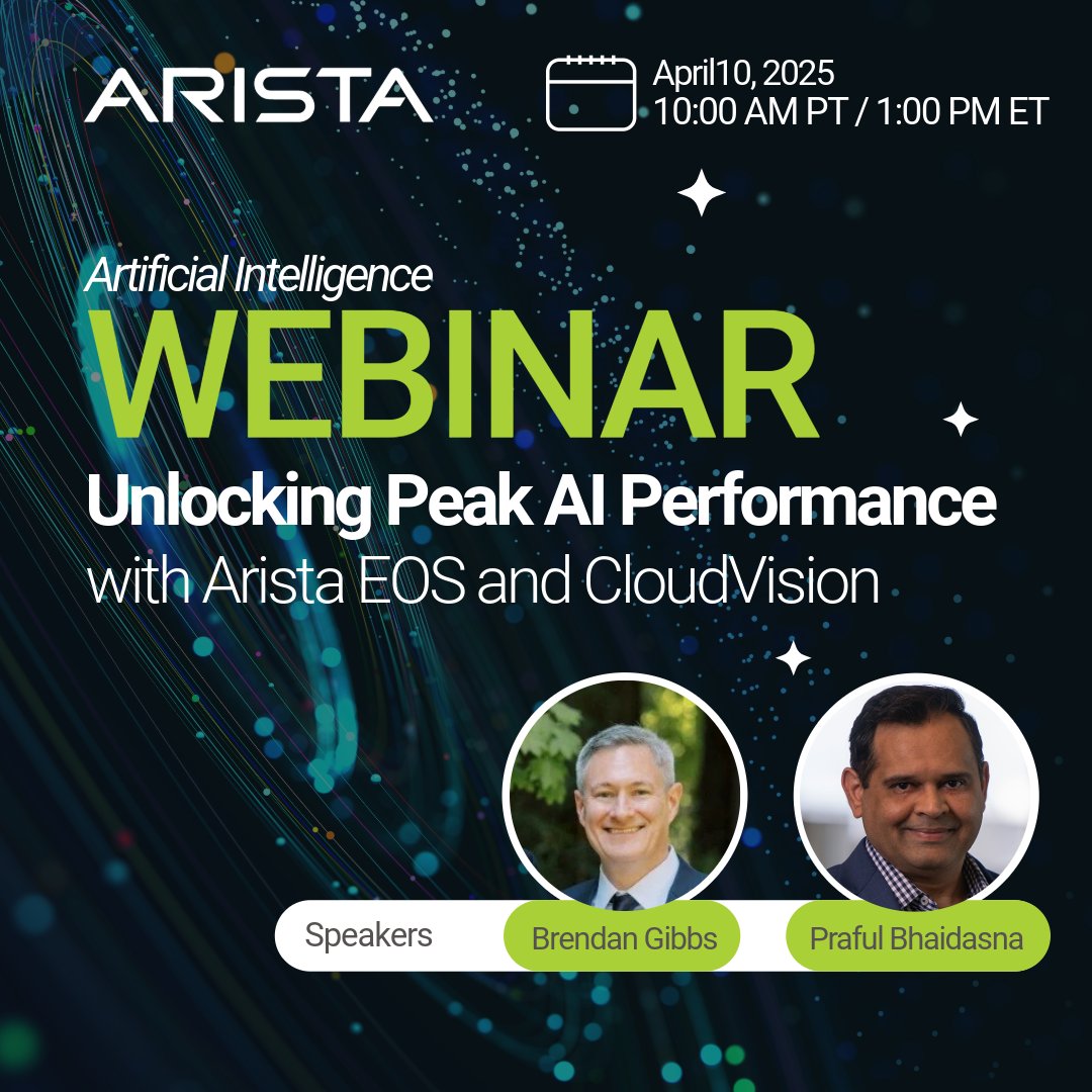 As AI-driven workloads continue to scale, the demand for high-performance, low-latency networking infrastructure has never been greater. 

Join us for a webinar exploring the latest innovations in AI networking, featuring the Arista Etherlink AI platforms, Cluster Load Balancing