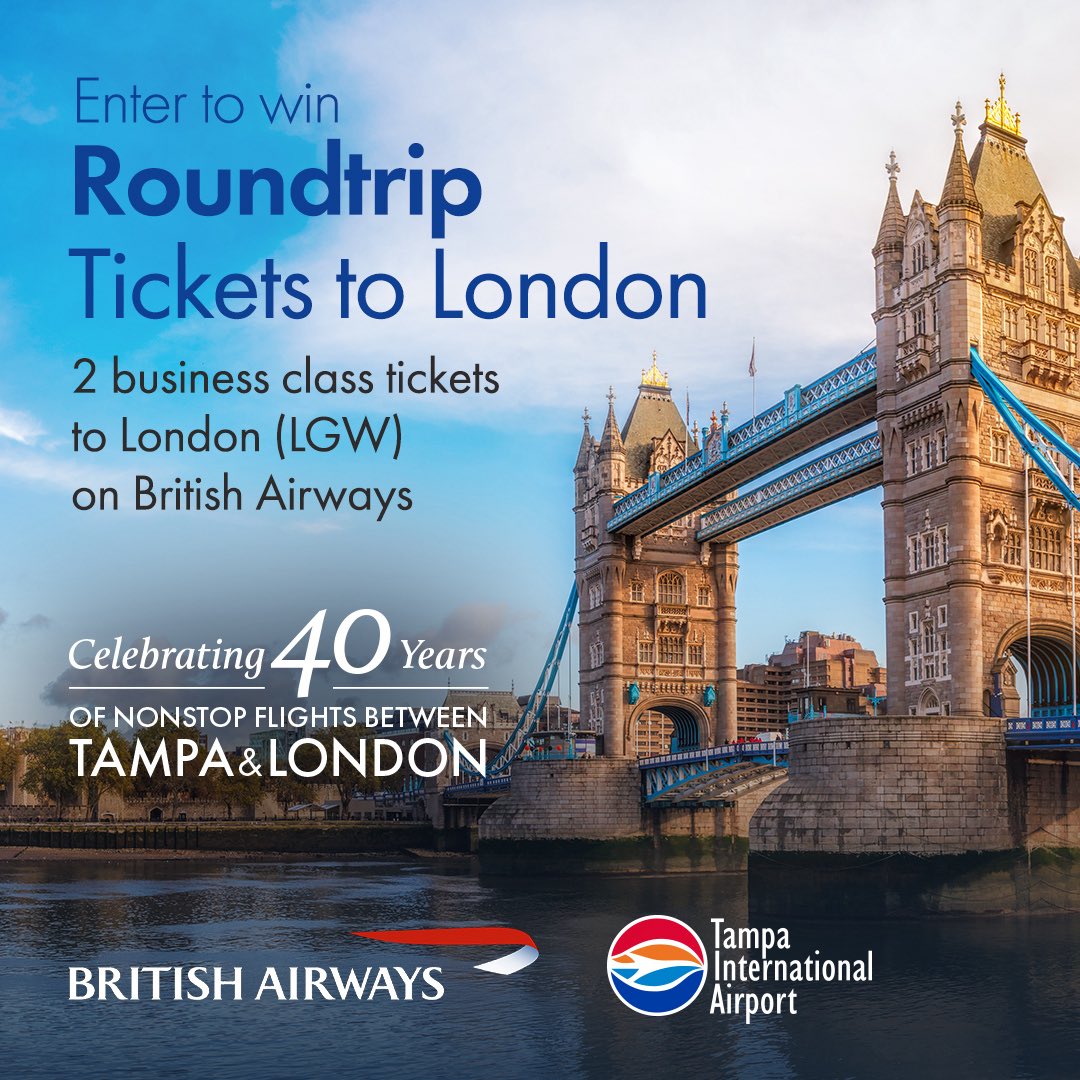 WANNA GO TO LONDON IN STYLE?! 😉 In celebration of 40 years of nonstop flights from TPA to London aboard <a href="/British_Airways/">British Airways</a>, we’re giving away TWO roundtrip business class tickets from TPA to LGW! 🇬🇧

ENTER NOW FOR YOUR CHANCE TO WIN: tpasweepstakes.wishpondpages.com/landing-page-2…