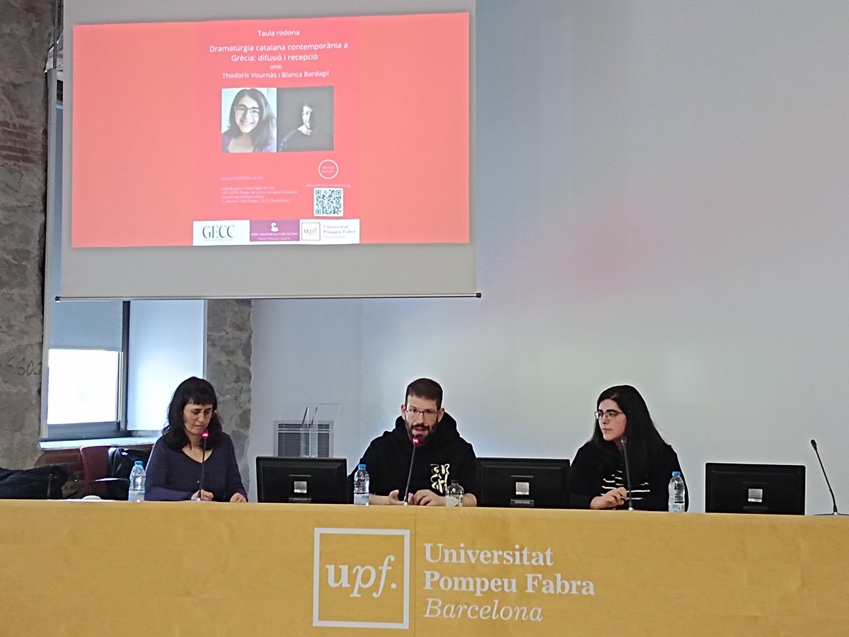 EscoreUPF's tweet photo. Amb Thodorís Vournàs i @BlancaBardagil en l'acte sobre "Dramatúrgia catalana contemporània a Grècia: difusió i recepció", organitzat a @UPFBarcelona pel Grup d'Estudis de Cultura Catalana https://t.co/wT6gUc89sR