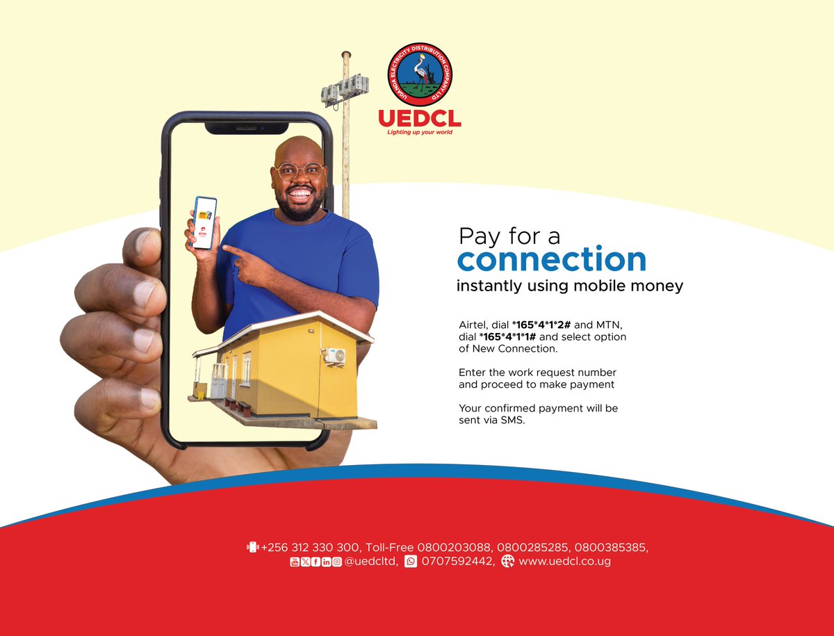 UEDCLTD's tweet image. Pay for your electricity connection conveniently through mobile money and start enjoying the benefits of reliable power today!

#TheBigSwitch #UedclUpdate