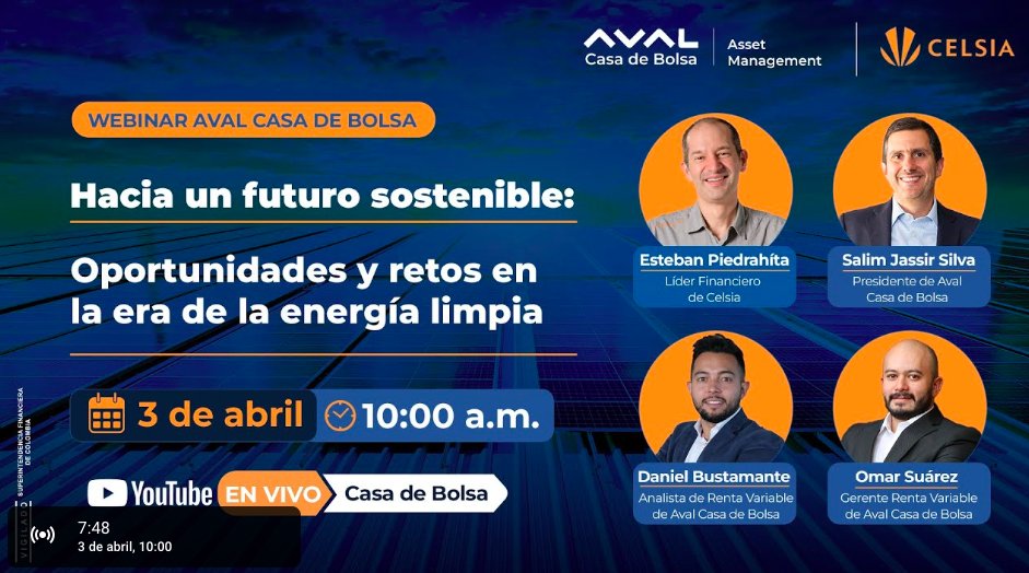 Celsia_Energia's tweet photo. ¡Ya casi arrancamos! Nuestro líder financiero @estebanpiedrah es uno de los panelistas en el #WebinarAvalCasaDeBolsa: "Hacia un futuro sostenible: Oportunidades y retos en la era de la energía limpia", y nos contará más sobre los resultados de la compañía en un año tan retador como lo fue el 2024.

Conéctate aquí: https://t.co/Q6nfZ4wn7T