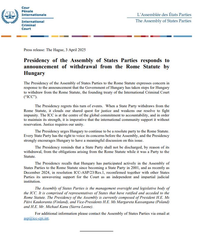 Statement by the Presidency of the Assembly of States Parties regarding Hungary’s announcement of withdrawal of the #RomeStatute #ICC #ASP