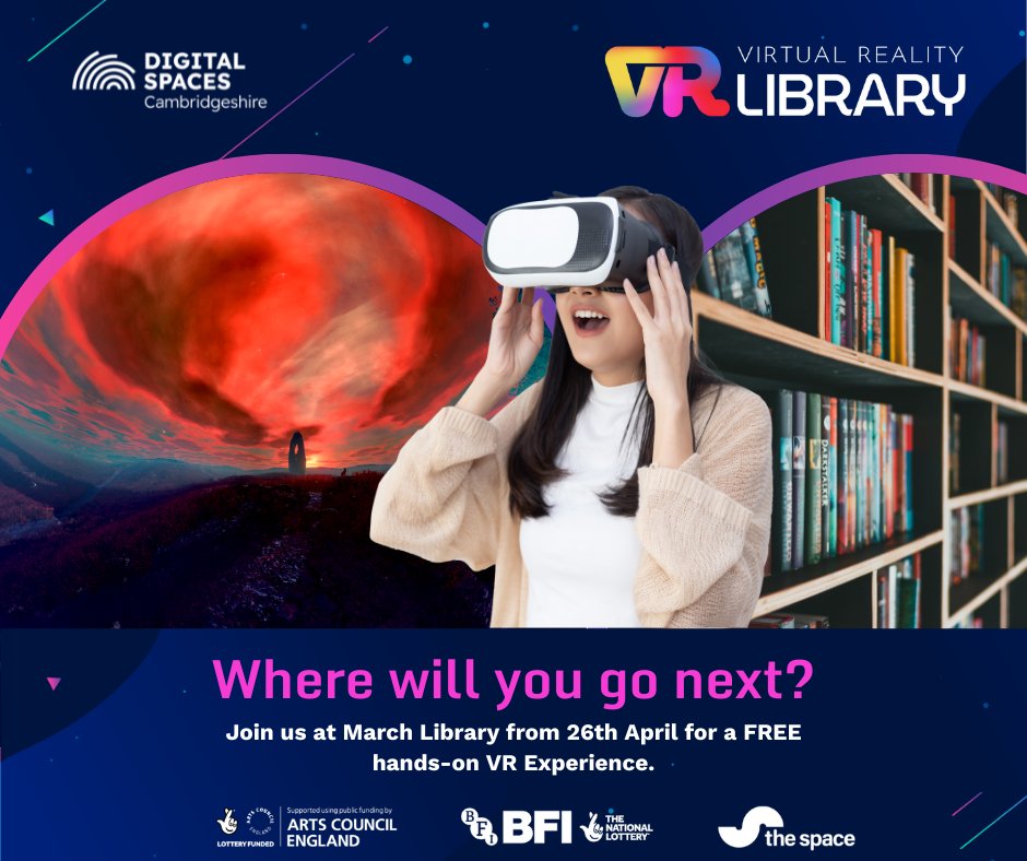 cambslib's tweet image. Drop in to #MarchLibrary on Saturday 26th April or book a place on Monday 28th or Tuesday 29th to experience VR at your library. Free event, 12 years and over. 
Ask at the library or email March.Referral@cambridgeshire.gov.uk
#DigitalSpacesVRLibrary