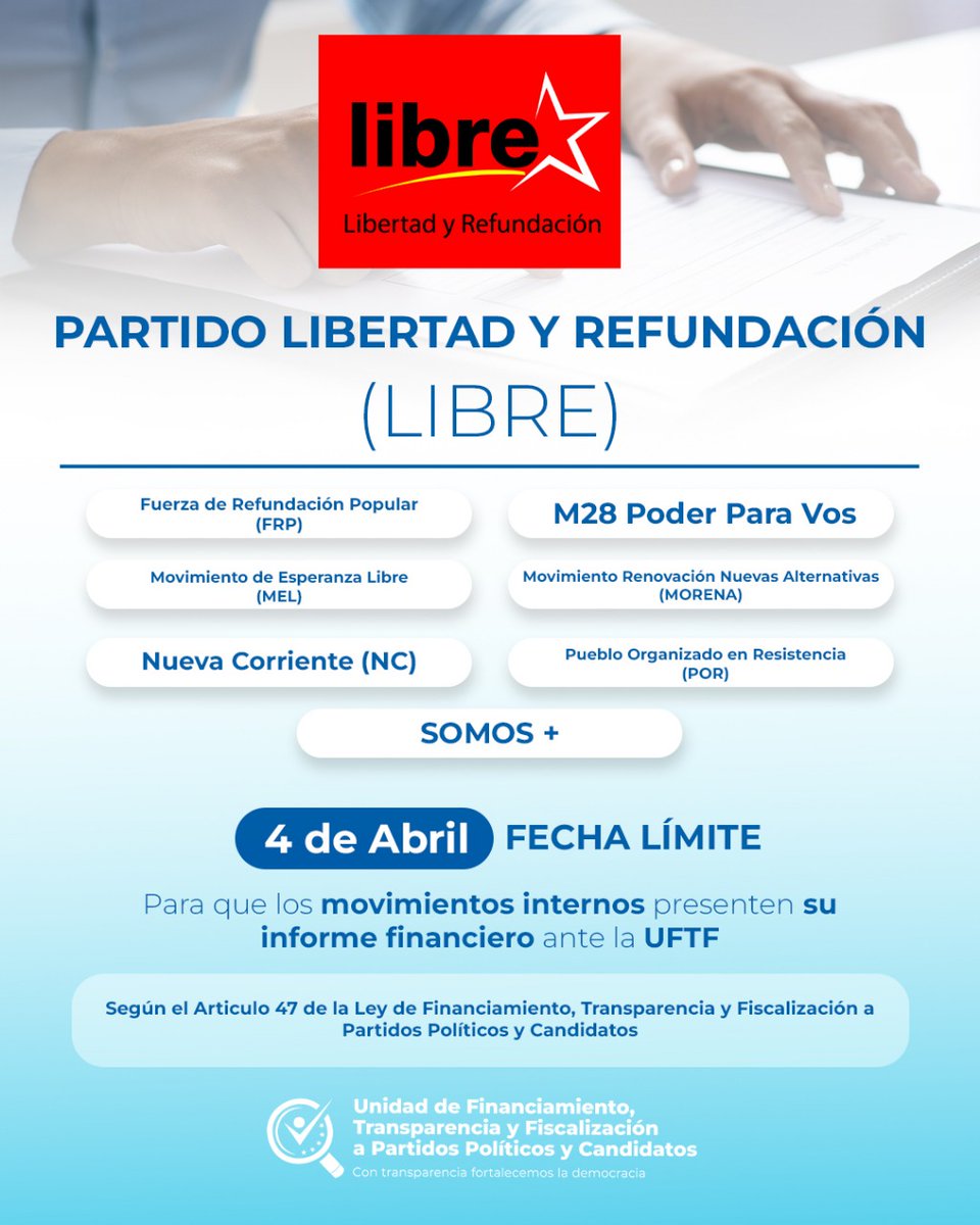 📢 ¡Atención! Los Movimientos Internos que participaron en las elecciones internas 2025 deben entregar su Informe Financiero antes del viernes 4 de abril para evitar sanciones.

📍 Recibe: #DASO, Col. Lomas del Mayab, Calle Santa Rosa, Tegucigalpa. 

#UFTF #Transparencia