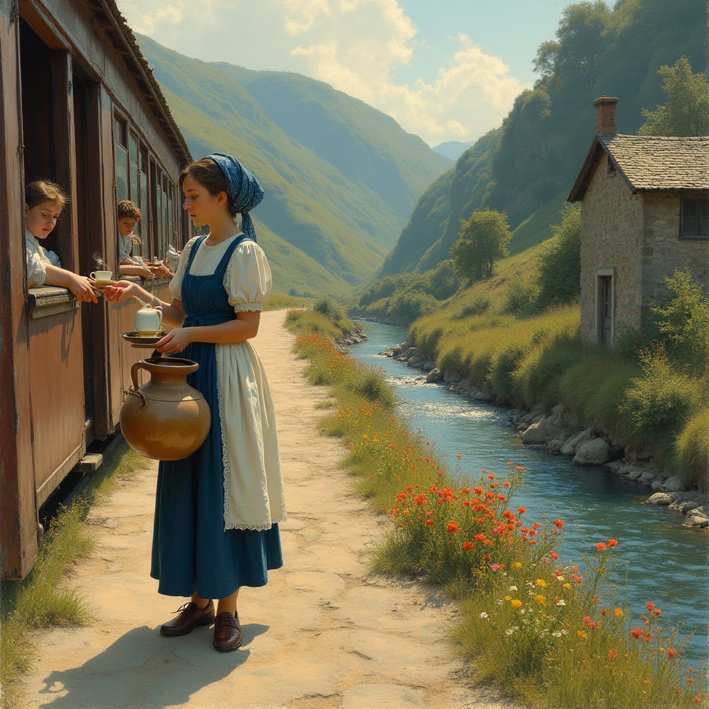 arundjoseph's tweet photo. recreation of the scene in part 2 of Marcel Proust's "In the Shadow of Young Girls in Flower", where the narrator sees a peasant young milkmaid carrying a crock of milk and serving the train passengers, on his way from Paris to Balbec… https://t.co/JQhViPsxER