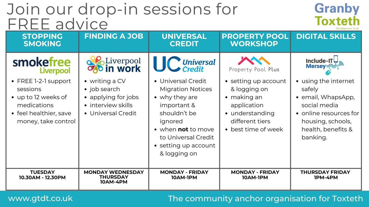 kittycat542's tweet photo. Updated calendar for drop-in advice sessions at 129d Lodge Lane L8 0QF, next to Manchester Superstore. 
Friendly, useful advice for everyone ☕️🫖🙏
Liverpool City Council Smokefree Liverpool Liverpool In Work Include-IT Mersey Laura Robertson-Collins 
#PropertyPool #UniversalCredit #communitysupport