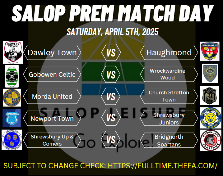 This weeks Salop Premier fixtures! 

<a href="/DawleyTownFC/">Dawley Town FC</a> V <a href="/HaughmondFC/">Haughmond FC 🏴󠁧󠁢󠁥󠁮󠁧󠁿</a>, <a href="/GobowenCelticFC/">Gobowen Celtic FC</a> V <a href="/WrockWoodFC/">Wrockwardine Wood FC</a>, <a href="/MordaUnitedFC/">MordaUnitedFC</a> V <a href="/StrettonFC/">Church Stretton Town FC</a>, <a href="/Newport_Town_FC/">Newport Town FC</a> V <a href="/ShrewJuniorsMen/">Shrewsbury Juniors FC</a>, <a href="/UpandComersFC/">Shrewsbury Up & Comers</a> V <a href="/BNorthSpartans/">bridgnorthspartans</a> 

Good luck to all teams! 

#shropshirefootball #salopleisureleague