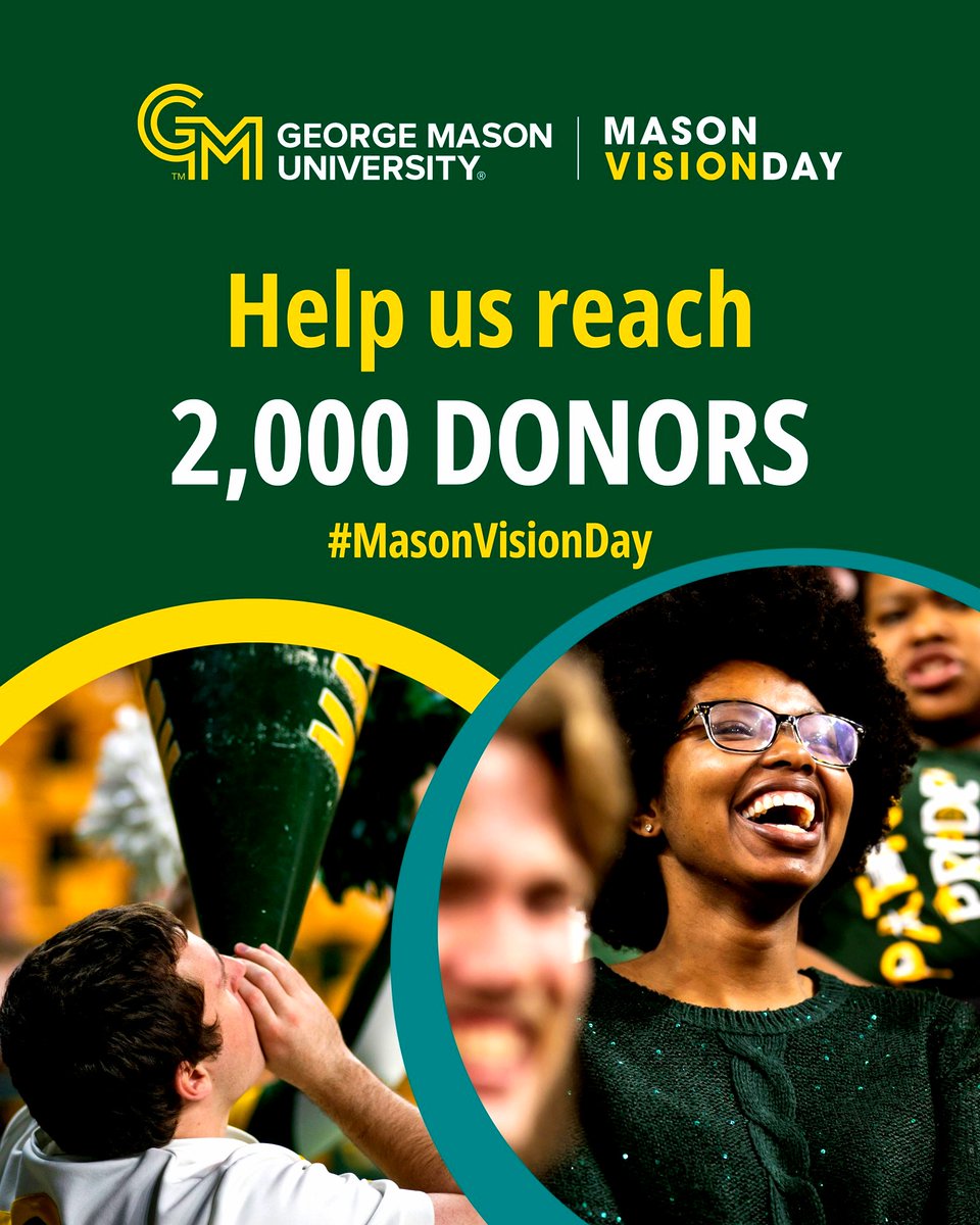 George Mason University (@georgemasonu) on Twitter photo #MasonVisionDay is here!
The university’s giving day is a 24-hour period where all <a href="/GeorgeMasonU/">George Mason University</a> supporters—alumni, friends, volunteers, faculty, staff, parents, and students—come together to make a difference by supporting one of George Mason’s many causes! #MasonNation #MasonVisionDay is here!
The university’s giving day is a 24-hour period where all <a href="/GeorgeMasonU/">George Mason University</a> supporters—alumni, friends, volunteers, faculty, staff, parents, and students—come together to make a difference by supporting one of George Mason’s many causes! #MasonNation