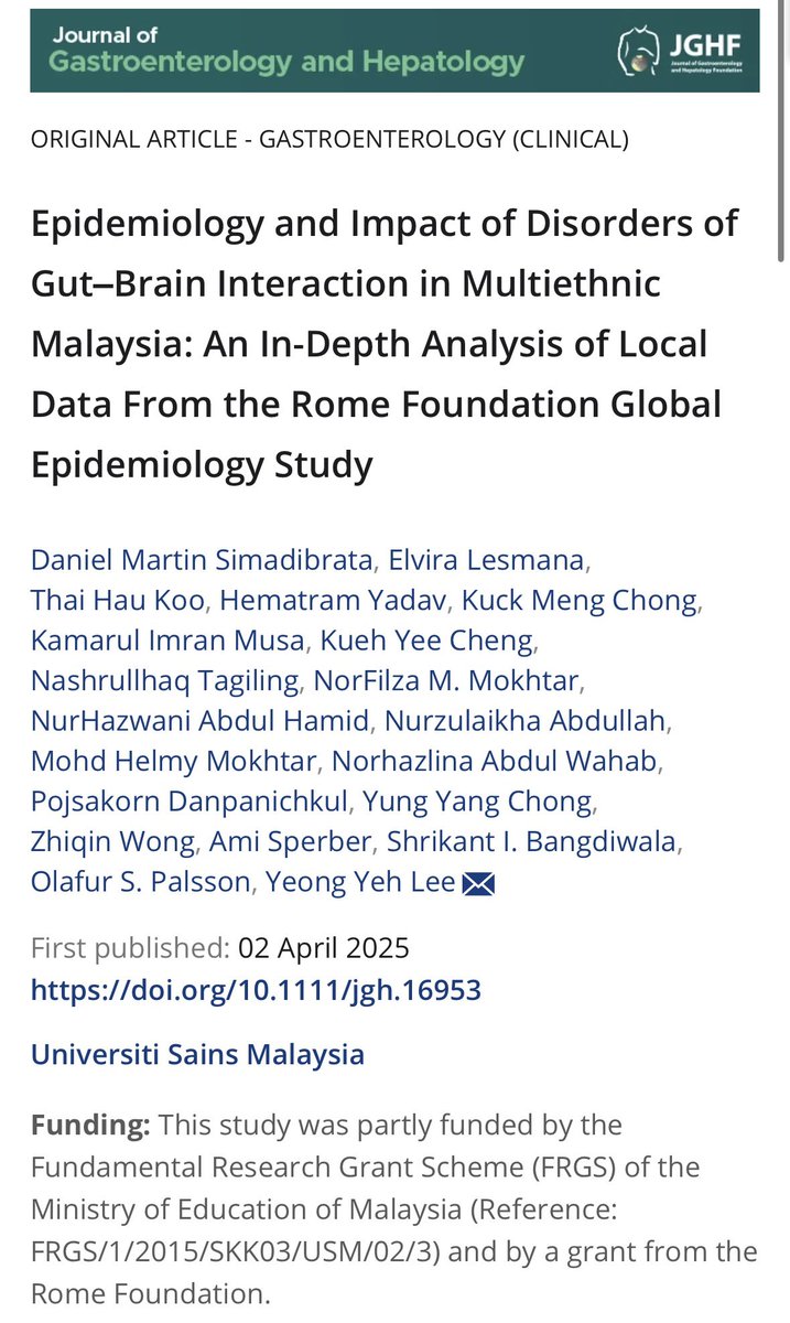 Thai Hau Koo, MD (@waynehau0725) on Twitter photo Epidemiology and Impact of Disorders of Gut–Brain Interaction in Multiethnic Malaysia: An In‐Depth Analysis of Local Data From the Rome Foundation Global Epidemiology Study <a href="/DM_Simadibrata/">Daniel Martin Simadibrata, MD</a> <a href="/justntweet/">Justin Lee</a>
Journal: <a href="/JGHofficial/">Journal of Gastroenterology and Hepatology</a>
Link: onlinelibrary.wiley.com/doi/10.1111/jg… Epidemiology and Impact of Disorders of Gut–Brain Interaction in Multiethnic Malaysia: An In‐Depth Analysis of Local Data From the Rome Foundation Global Epidemiology Study <a href="/DM_Simadibrata/">Daniel Martin Simadibrata, MD</a> <a href="/justntweet/">Justin Lee</a>
Journal: <a href="/JGHofficial/">Journal of Gastroenterology and Hepatology</a>
Link: onlinelibrary.wiley.com/doi/10.1111/jg…