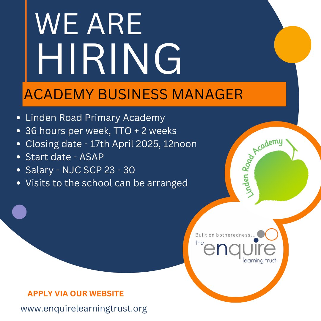 We are looking for an Academy Business Manager to join The Enquire Learning Trust🧡
Interested? Or know someone who might be? Please share!
🗓17/04/2025, 12noon
📍Linden Road Primary Academy
Find out more and apply here⬇
enquirelearningtrust.org/job-vacancies/…