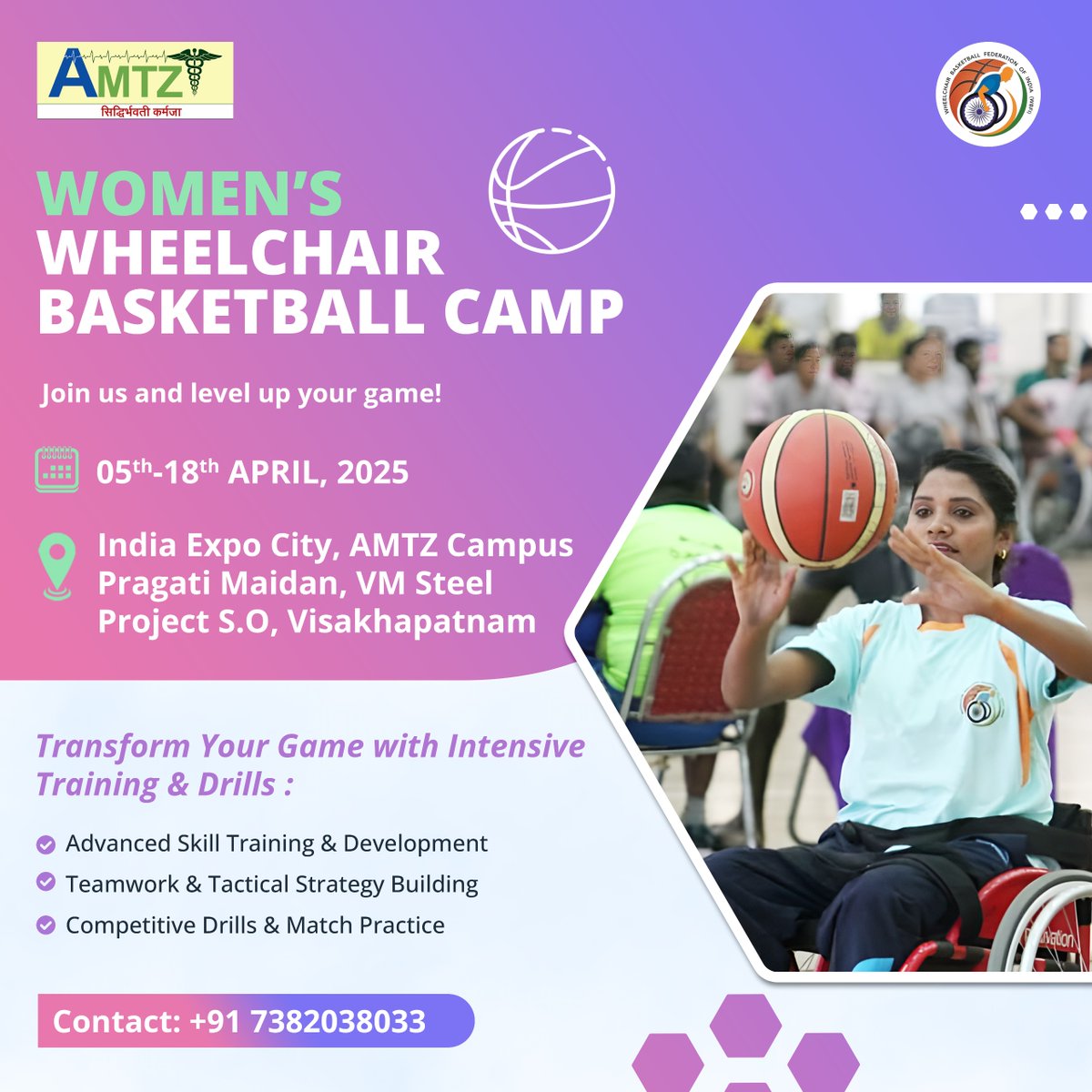 BlcAmtz9's tweet photo. Join us for another thrilling #parasports event, #Wheelchair #Basketball #Women's Camp 2025 at @AP_MedTechZone from April 5-18, 2025. 
Empowering women on #wheelchair.
#MedTech #ATC #WBFI https://t.co/qD0amqrFiF