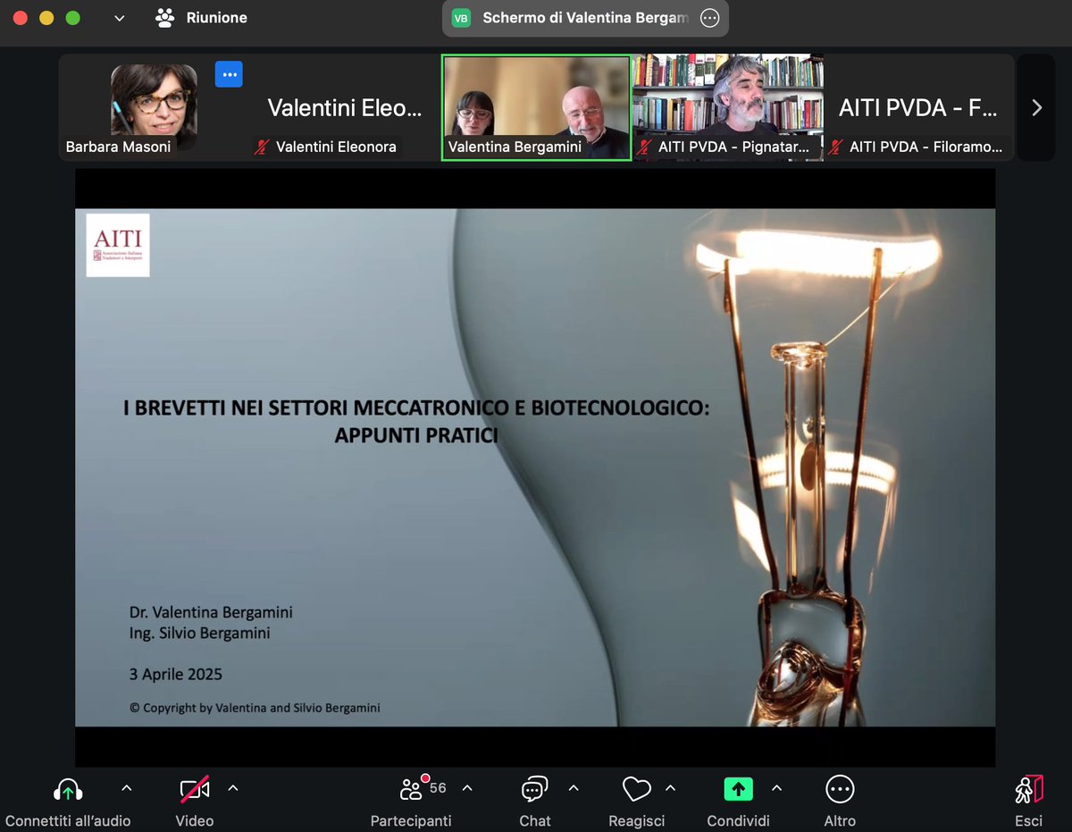 La sezione #AITI_PVDA è in diretta con il webinar "I brevetti nei settori meccatronico e biotecnologico: appunti pratici". Silvio Bergamini e Valentina Bergamini stanno spiegando la differenza tra inventore e titolare del brevetto.
#AITIforma #formazioneAITI #webinarAITI