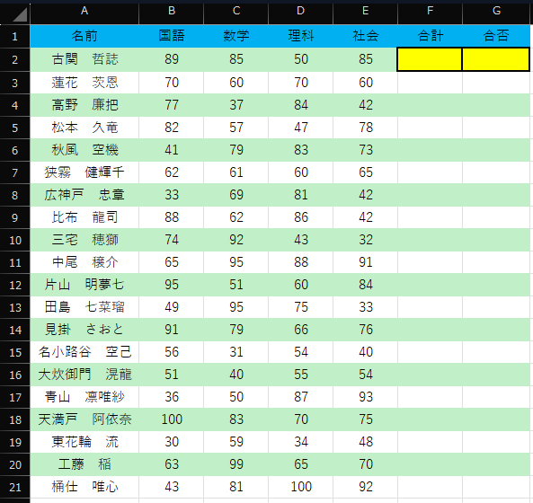 excelhighway's tweet image. 受験生が20人います。4教科のテストの点数を計算します。
問1:F2セルに式を入れ、受験生全員の合計点を表示してください。
問2:G2セルに式を入れ、「各教科60点以上、かつ、合計点数が250点以上」を"合格"、未満を"不合格"と表示してください。
※👈入力前/👉入力後
#Excelクイズ #ExcelQuiz