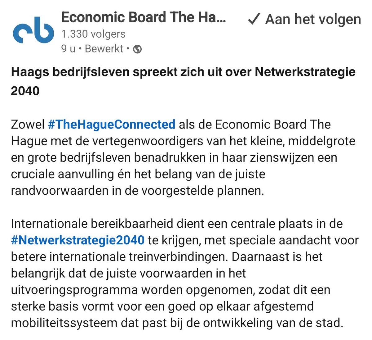 Goed om te zien dat ook het Haagse bedrijfsleven positief is over de Netwerkstrategie! #STOMP

economicboardthehague.org/nieuws/het-haa…
