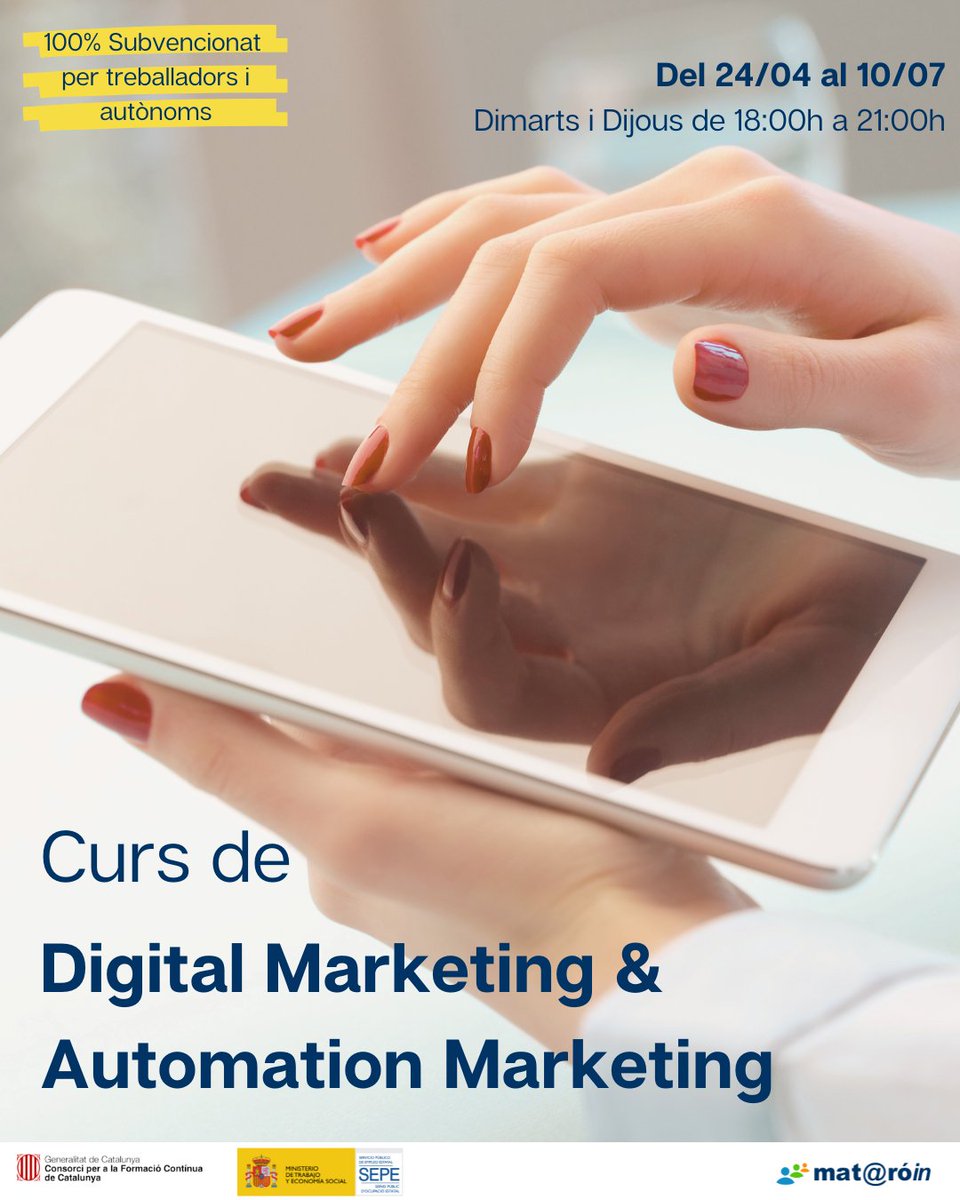 Mataró In - Trainingtutor (@ttrainingtutor) on Twitter photo Curs 𝐃𝐢𝐠𝐢𝐭𝐚𝐥 𝐌𝐚𝐫𝐤𝐞𝐭𝐢𝐧𝐠 & 𝐀𝐮𝐭𝐨𝐦𝐚𝐭𝐢𝐨𝐧 𝐌𝐚𝐫𝐤𝐞𝐭𝐢𝐧𝐠! 💻 Descobreix tot sobre estratègies de màrqueting digital, 𝘚𝘌𝘖, 𝘚𝘌𝘔, 𝘈𝘥s, 𝘍𝘶𝘯𝘯𝘦𝘭𝘴 i molt més per a millorar la teva estratègia digital
🚀 60h | Mataró
👩🏻🏫Docent: <a href="/Dolors_guillen/">Dolors Guillen</a> Curs 𝐃𝐢𝐠𝐢𝐭𝐚𝐥 𝐌𝐚𝐫𝐤𝐞𝐭𝐢𝐧𝐠 & 𝐀𝐮𝐭𝐨𝐦𝐚𝐭𝐢𝐨𝐧 𝐌𝐚𝐫𝐤𝐞𝐭𝐢𝐧𝐠! 💻 Descobreix tot sobre estratègies de màrqueting digital, 𝘚𝘌𝘖, 𝘚𝘌𝘔, 𝘈𝘥s, 𝘍𝘶𝘯𝘯𝘦𝘭𝘴 i molt més per a millorar la teva estratègia digital
🚀 60h | Mataró
👩🏻🏫Docent: <a href="/Dolors_guillen/">Dolors Guillen</a>