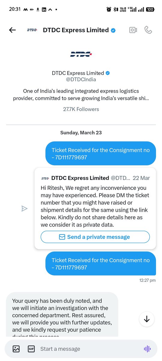 mr__mishra's tweet photo. @DTDCIndia such a fraud company since so many days there are providing revert for my parcel address was sent i am mailing continuously on their customer service mail but noone is bothered to call or solve my concern i have been calling to every one but there is no revert #chor https://t.co/07kTfnFiRV