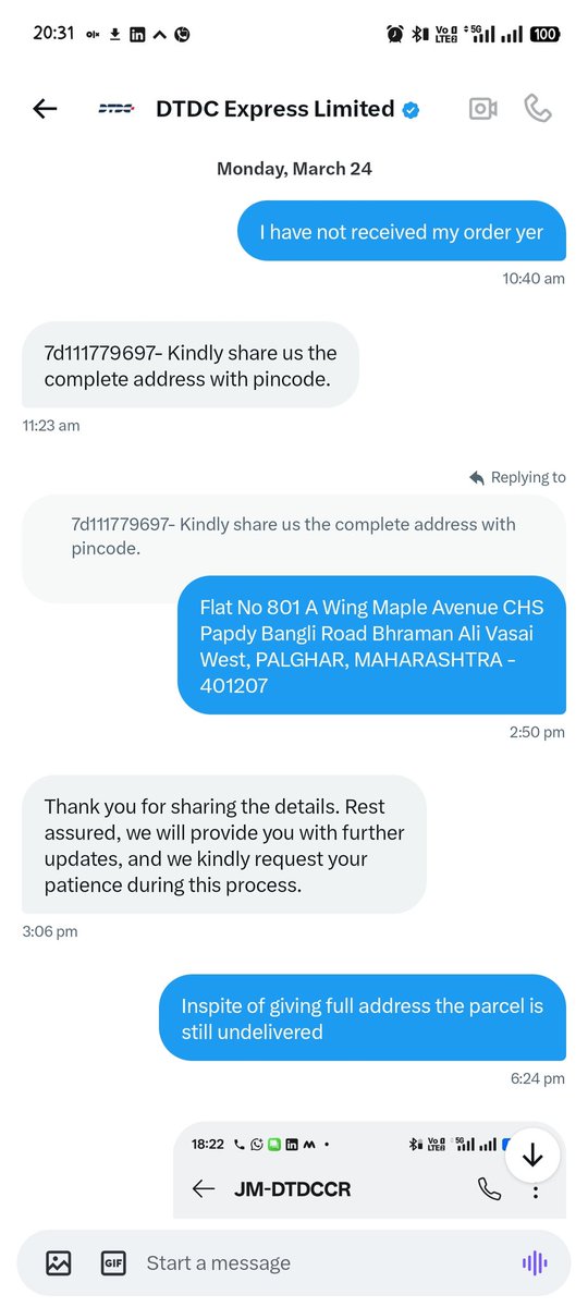 mr__mishra's tweet photo. @DTDCIndia such a fraud company since so many days there are providing revert for my parcel address was sent i am mailing continuously on their customer service mail but noone is bothered to call or solve my concern i have been calling to every one but there is no revert #chor https://t.co/07kTfnFiRV