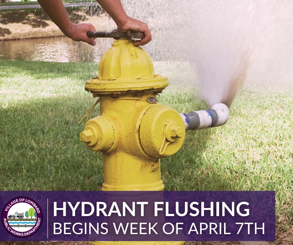 Lombard Public Works crews will begin spring hydrant flushing next week. Over a 4-week period, crews will service more than 1,000 hydrants during the late afternoon and early evening hours, with no disruption to water service. Learn more at villageoflombard.org/CivicAlerts.as…