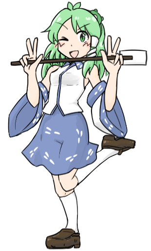 東風谷早苗 「#これを見た人は無言で手に何か持って片足をぴょこんと上げてる絵を貼れ 」|東國のイラスト
