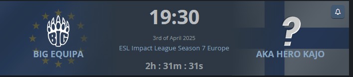 Alex | FrankfurterTyp (@frankfurtertyp) on Twitter photo Heute Spieltag 4 für <a href="/BIG_EQUIPA/">BIG EQUIPA</a> in der <a href="/ESLImpact/">ESL Impact</a>.
Mit einem Sieg um 19:30 Uhr gegen <a href="/AKAHEROESPORT/">AKA HERO</a> Kajo könnte man die Top 3 in der Gruppe sichern.
Heute auch noch mit tatkräftiger Unterstützung mit <a href="/kakafuCS/">Alexander Szymanczyk</a> an meiner Seite 😃💪
twitch.tv/BIGCLANgg Heute Spieltag 4 für <a href="/BIG_EQUIPA/">BIG EQUIPA</a> in der <a href="/ESLImpact/">ESL Impact</a>.
Mit einem Sieg um 19:30 Uhr gegen <a href="/AKAHEROESPORT/">AKA HERO</a> Kajo könnte man die Top 3 in der Gruppe sichern.
Heute auch noch mit tatkräftiger Unterstützung mit <a href="/kakafuCS/">Alexander Szymanczyk</a> an meiner Seite 😃💪
twitch.tv/BIGCLANgg