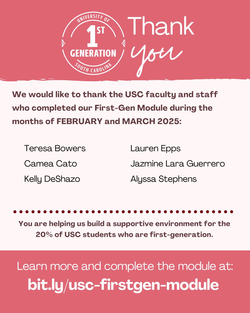 USCFIRST_GEN's tweet image. Our #FirstGenGamecocks benefit from your participation in completing the First-Gen module on our website. The module gives you tips and expert advice on helping you connect with first-gen students across campus.
Let us know when you complete the module!
bit.ly/usc-firstgen-m…