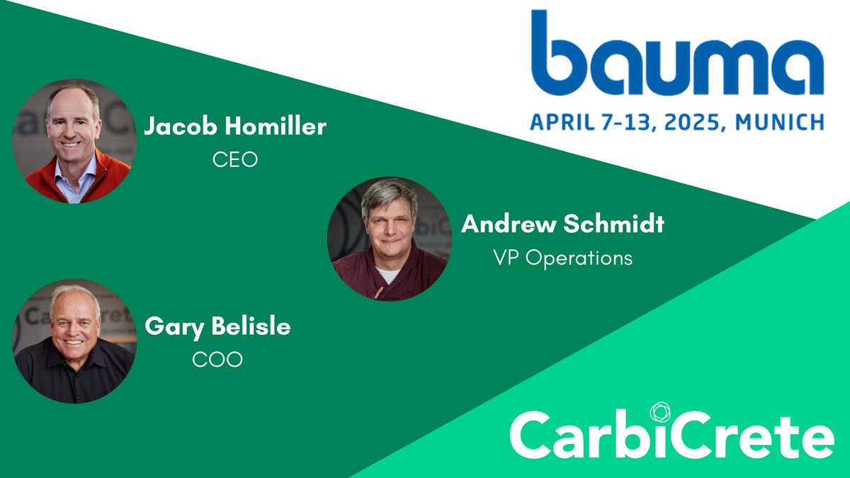 CarbiCrete (@carbicrete) on Twitter photo Next week, CarbiCrete CEO Jacob Homiller, COO Gary Belisle and VP Operations Andrew Schmidt will be attending #bauma 2025 in Munich, Germany.
Be sure to check out CarbiCrete cement-free #concrete products on display with <a href="/KraftCuring/">Kraft Curing Systems</a>.
More here: hubs.li/Q03fKd7X0 Next week, CarbiCrete CEO Jacob Homiller, COO Gary Belisle and VP Operations Andrew Schmidt will be attending #bauma 2025 in Munich, Germany.
Be sure to check out CarbiCrete cement-free #concrete products on display with <a href="/KraftCuring/">Kraft Curing Systems</a>.
More here: hubs.li/Q03fKd7X0