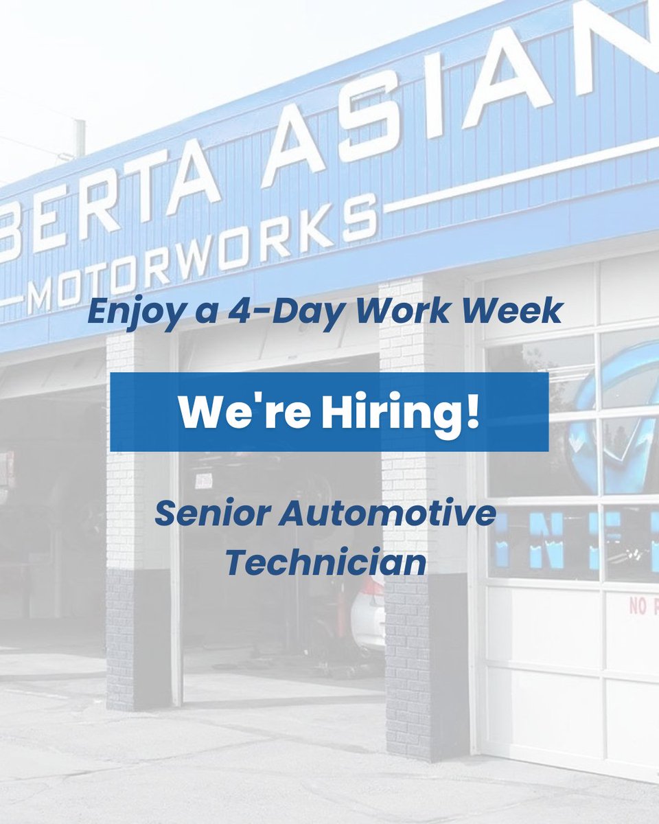 🚗🔧 We're seeking a passionate Senior Automotive Technician specializing in Asian vehicles to join our Alberta Asian Motorworks team! Enjoy a 4-day workweek, competitive pay, comprehensive benefits, and a supportive work environment. 🌟

📧 Apply now: mike.pasman@aamw.ca