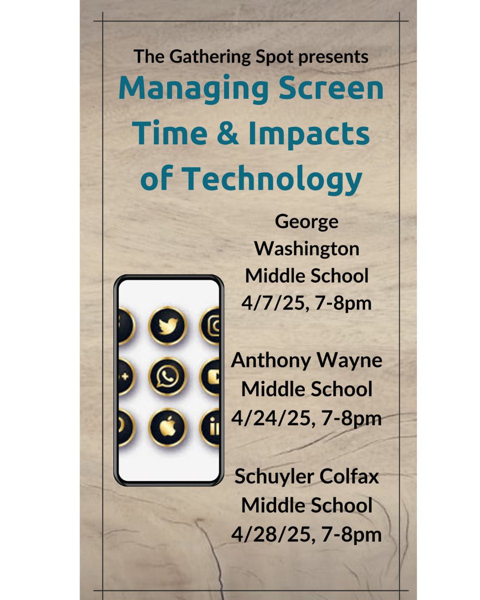 The Gathering Spot is an inclusive parent outreach program to provide a safe &amp; comfortable space to gather with community peers &amp; families in a fun, informative &amp; engaging manner. Two school counselors will present an informative session on managing screen time &amp; technology.